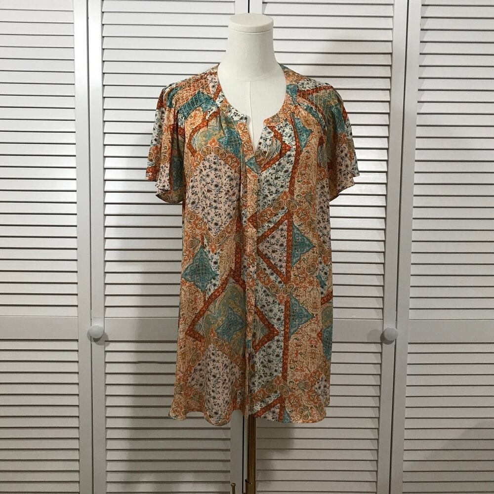 Rose + Olive Boho Floral Paisley Patchwork Tunic Blouse 1X